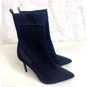 BEBE WOMEN BLACK STUDDED SOCK BOOTIES POINTY TOE HEELS SIZE 8.5
